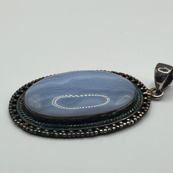 Vintage Sterling Silver Blue Lace Agate Pendant Oval Beaded Edge Setting 925 - Picture 3 of 5
